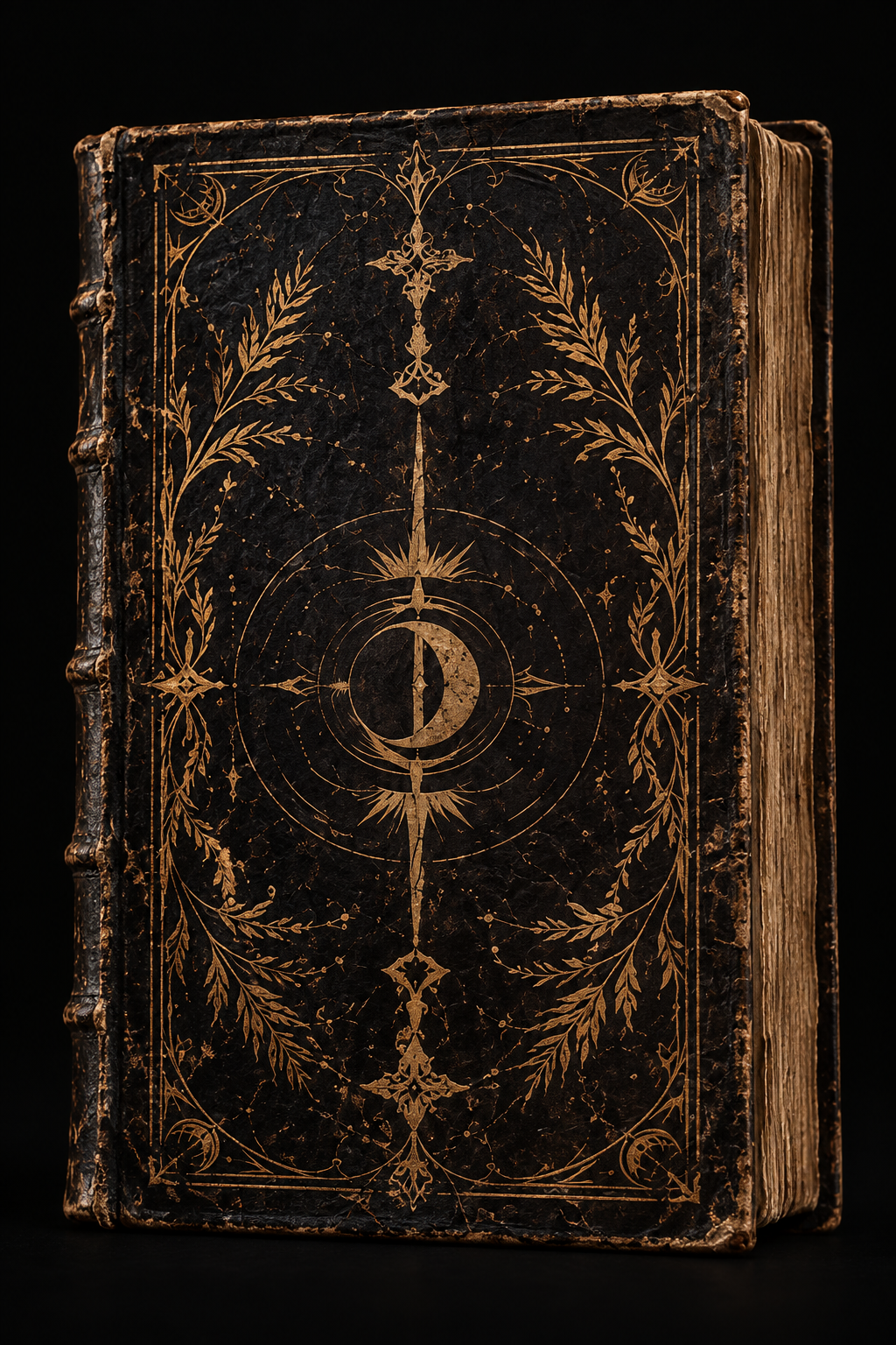 An ancient black leather book with gold botanical ornaments and a crescent moon