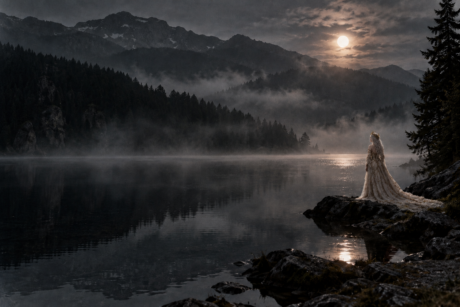 Sânziana in an ivory gown beside the moonlit lake